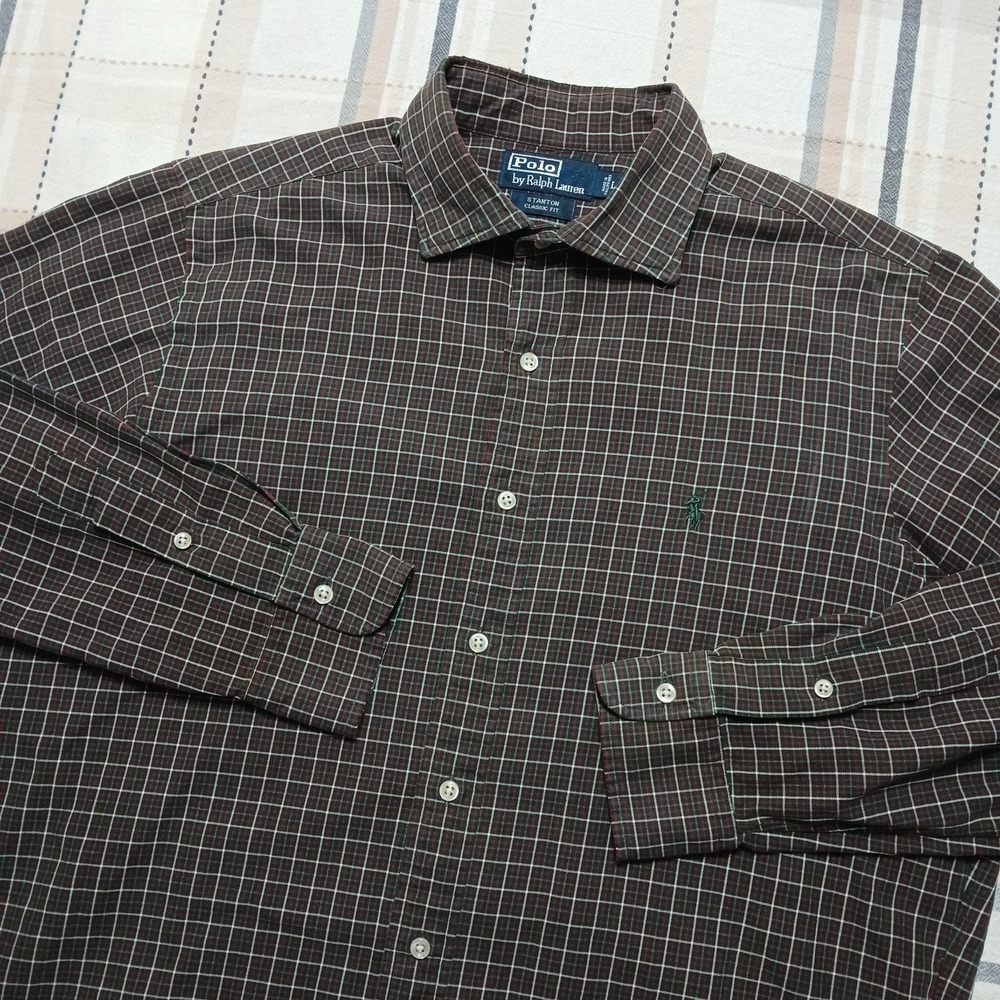 POLO Ralph Lauren Men's Large Stanton Classic Fit Green Red‎ Plaid 100% Cotton